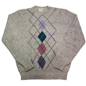Vintage Shetland Wool Sweater Mens Large Beige Argyle Crewneck 90s